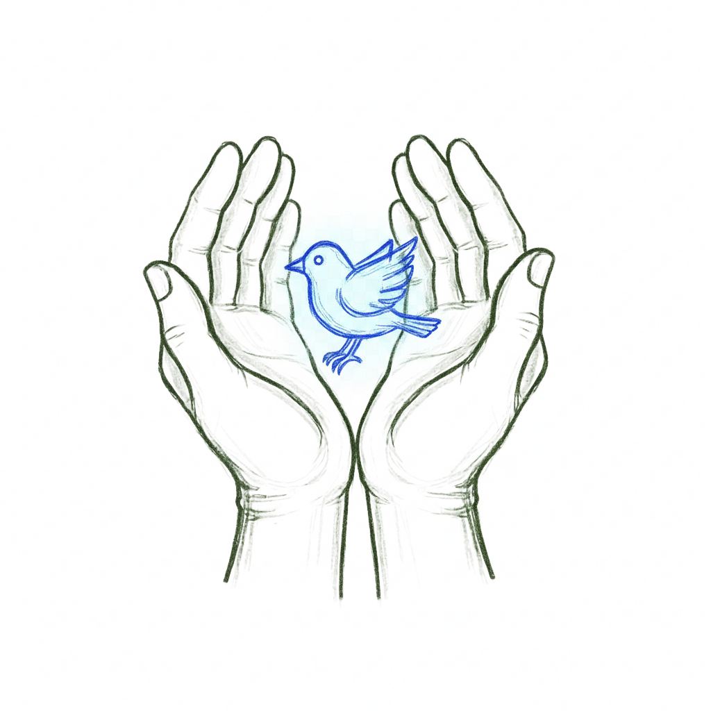 Hand-drawn hands holding a symbol of care