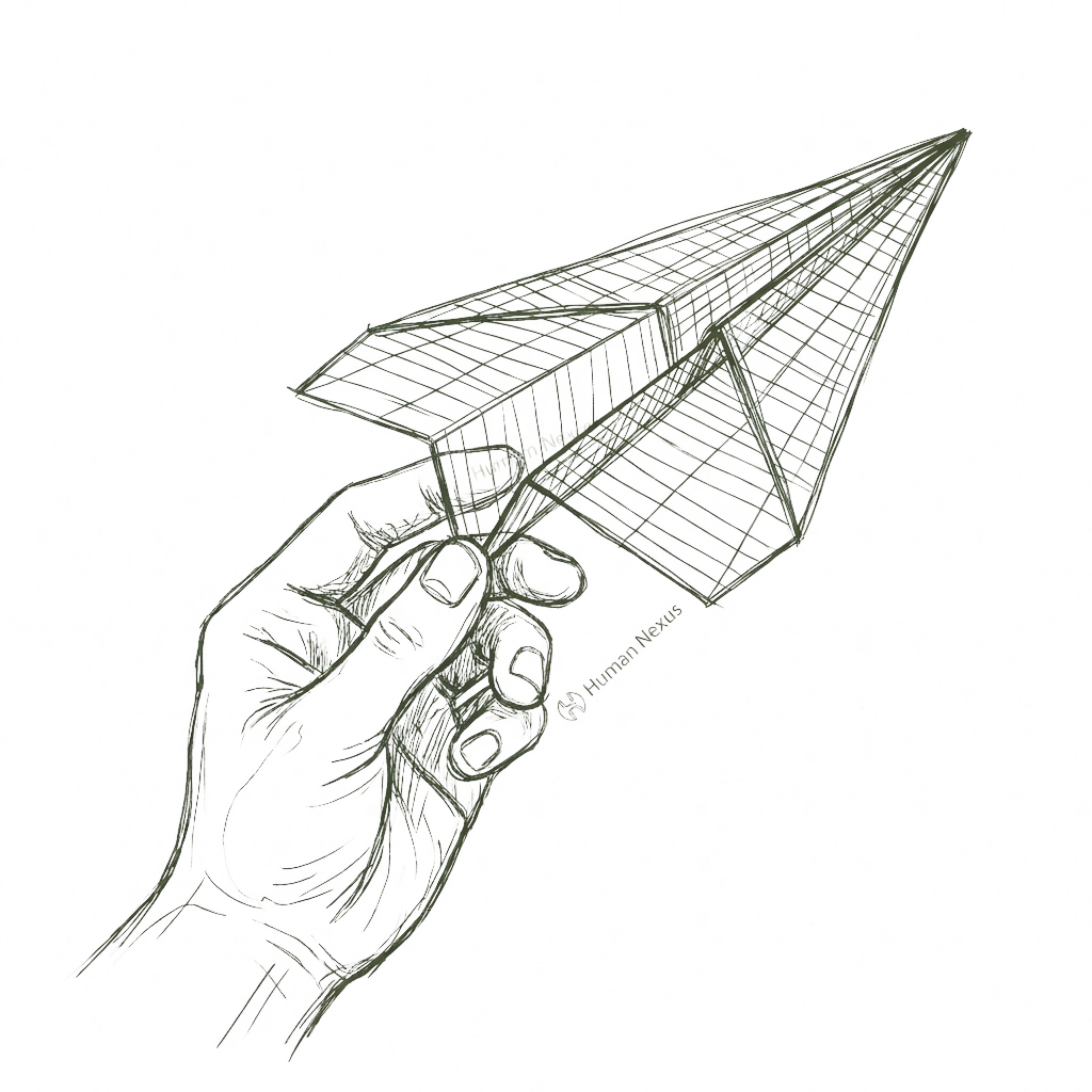 Hand-drawn hand guiding a paper plane forward