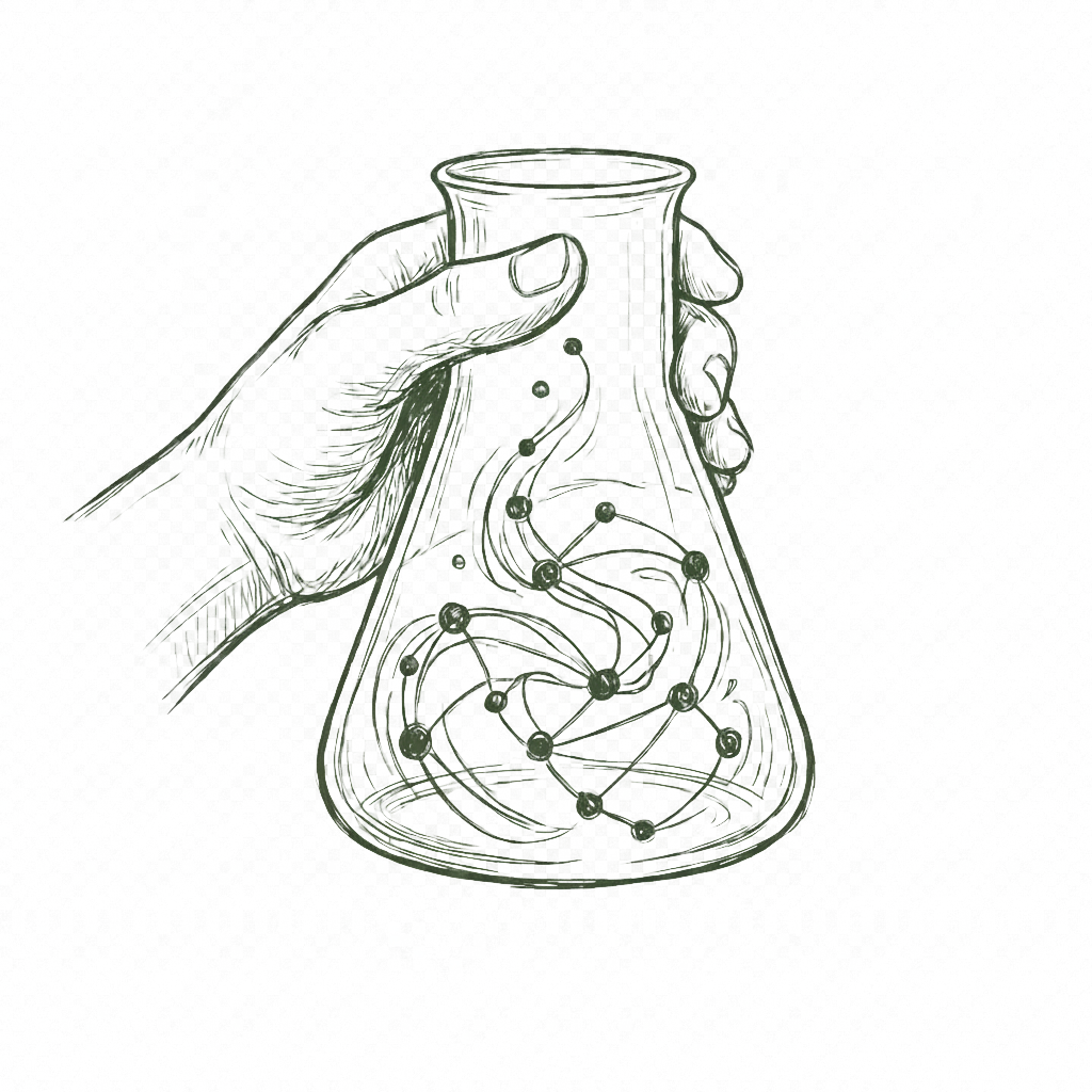 Hand-drawn evidence being examined inside a laboratory flask