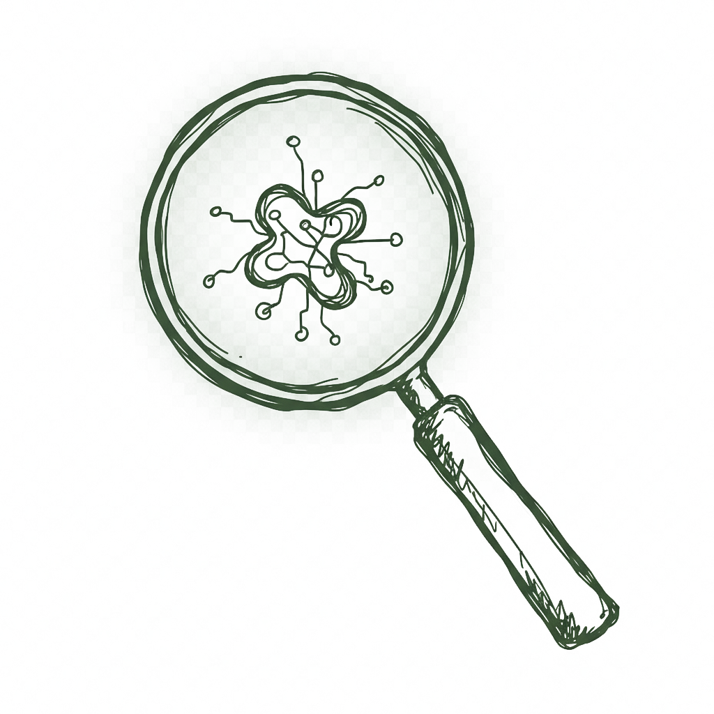 Hand-drawn magnifying glass inspecting a connected record