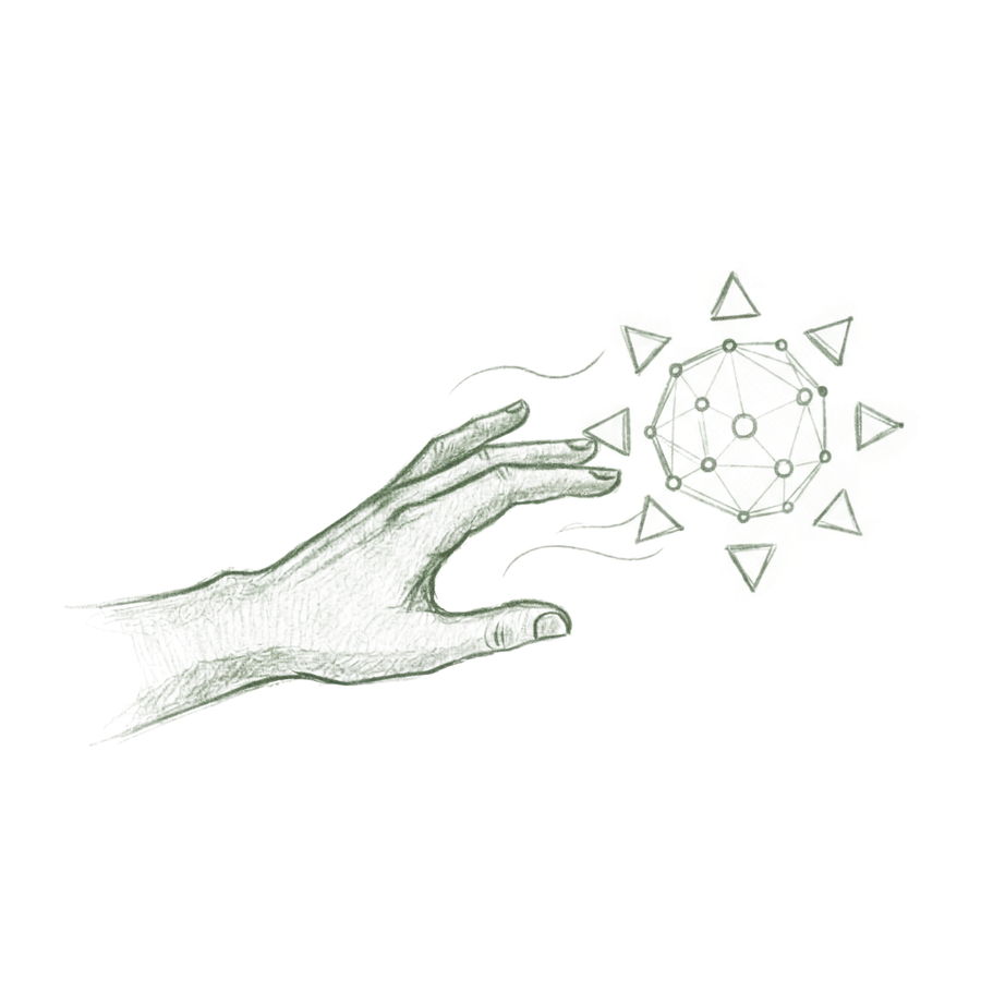 Hand-drawn human hand guiding a connected system