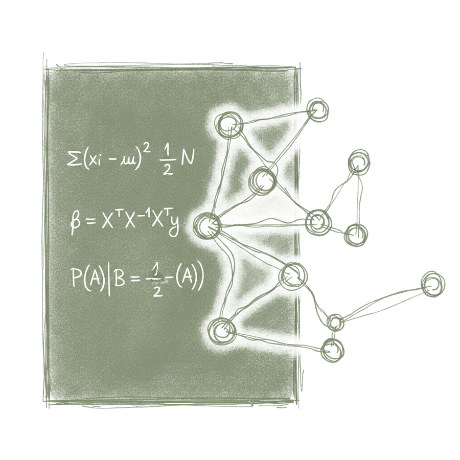 Hand-drawn actuarial model connected to a risk network