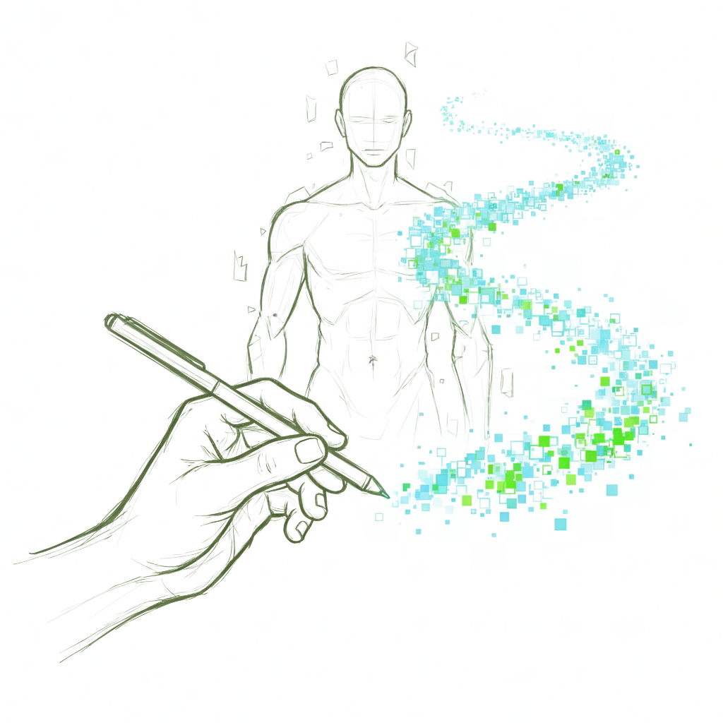 Hand-drawn human figure connected to an intelligent operating system